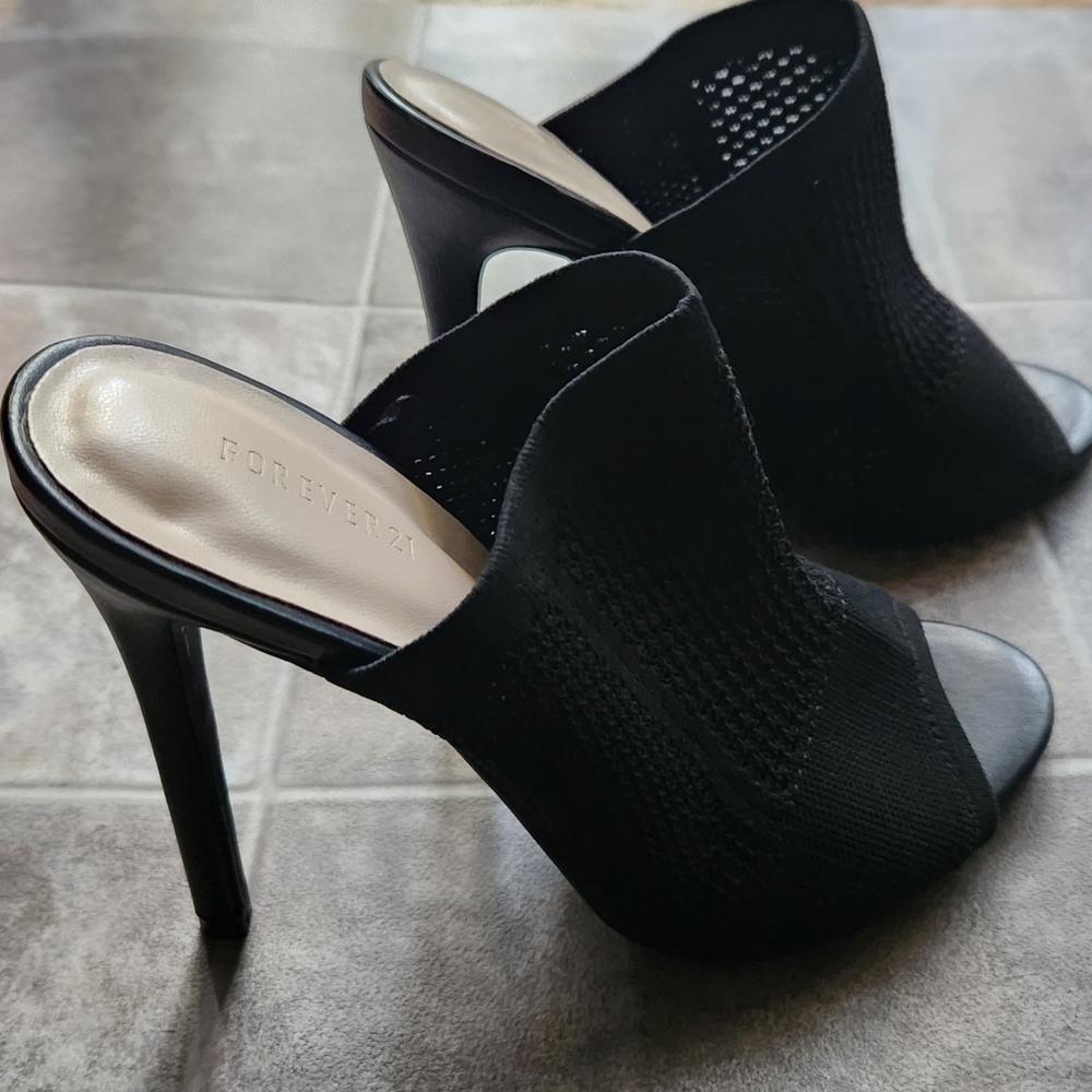High Heel Mules | Black Stretch Knit